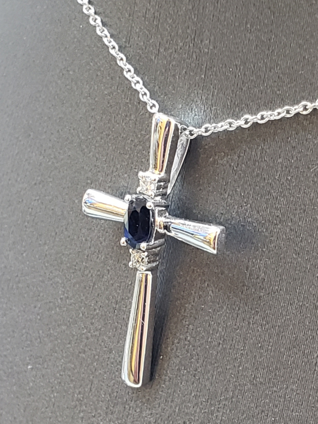 14k White Gold Sapphire And Diamond Cross Necklace